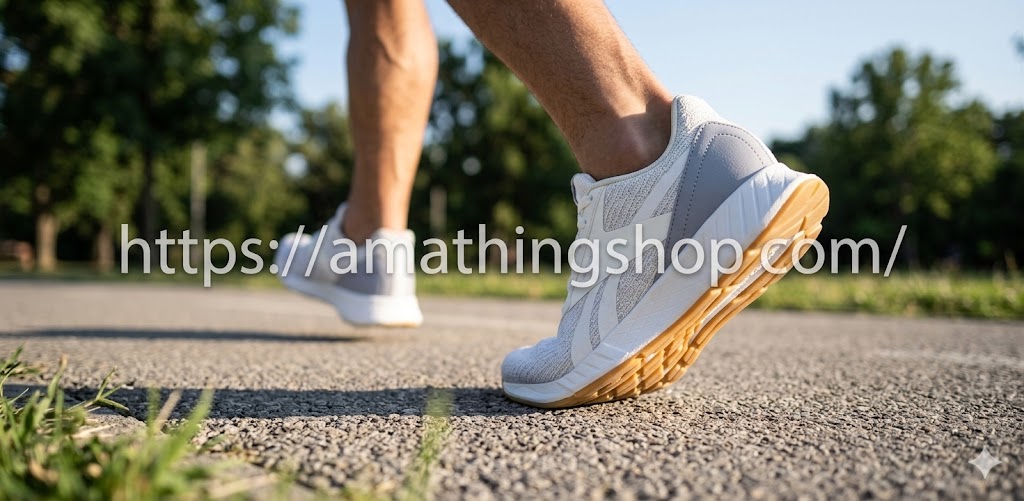 Primer plano de las zapatillas Reebok Lite Plus 2.0 para hombre en color blanco y gris mientras camina por asfalto. Se detalla la media suela de EVA para amortiguación superior y la suela de goma resistente. Calzado deportivo ligero talla 44 disponible en amathingshop.com.