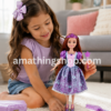 Niña jugando con muñeca princesa morada Amathi Princess Deluxe con vestido brillante y accesorios mágicos.