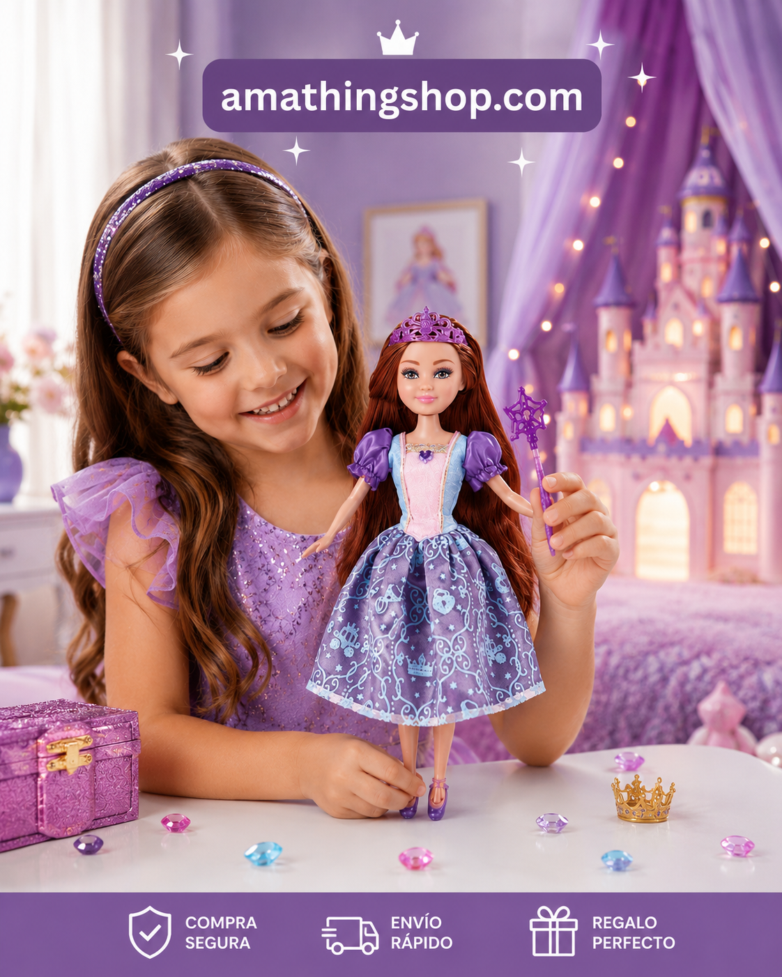 Muñeca princesa morada Amathi Princess Deluxe con vestido brillante, corona y varita mágica para niñas.