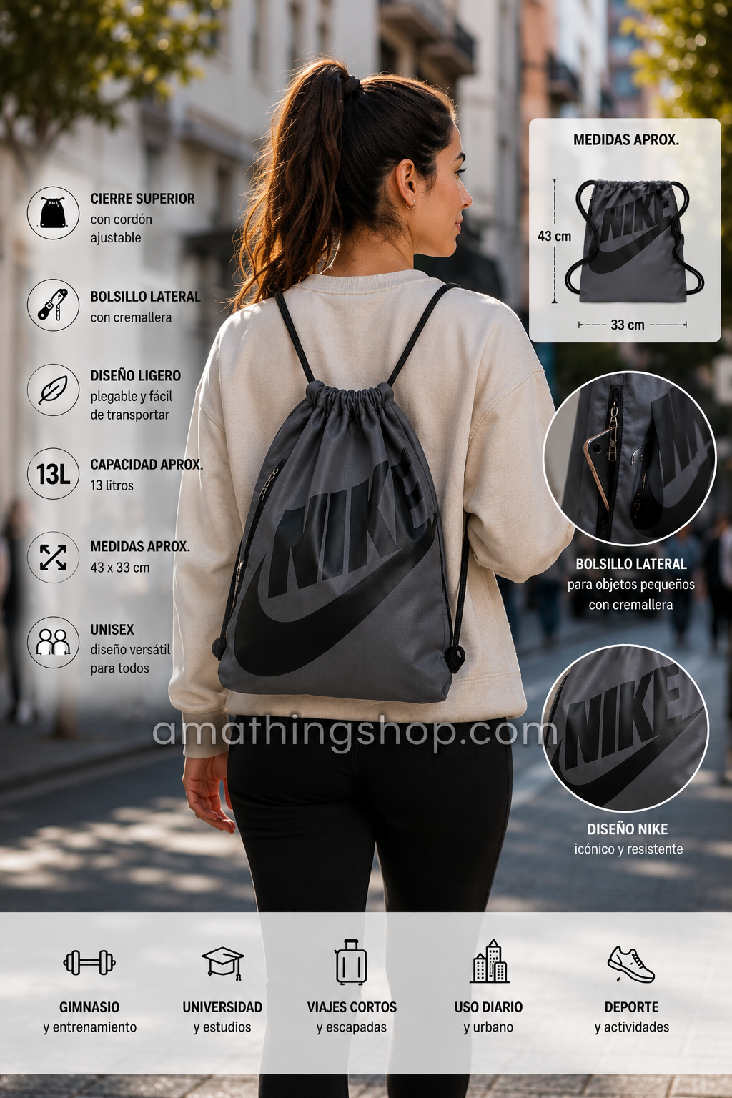 Nike Heritage Gris Oscuro Bolsa Tipo Mochila Unisex para Gimnasio Universidad y Uso Diario Bolsa tipo mochila Nike Heritage gris oscuro y negro utilizada por una estudiante en entorno urbano, diseño unisex ligero con bolsillo lateral con cremallera y capacidad aproximada de 13 litros.