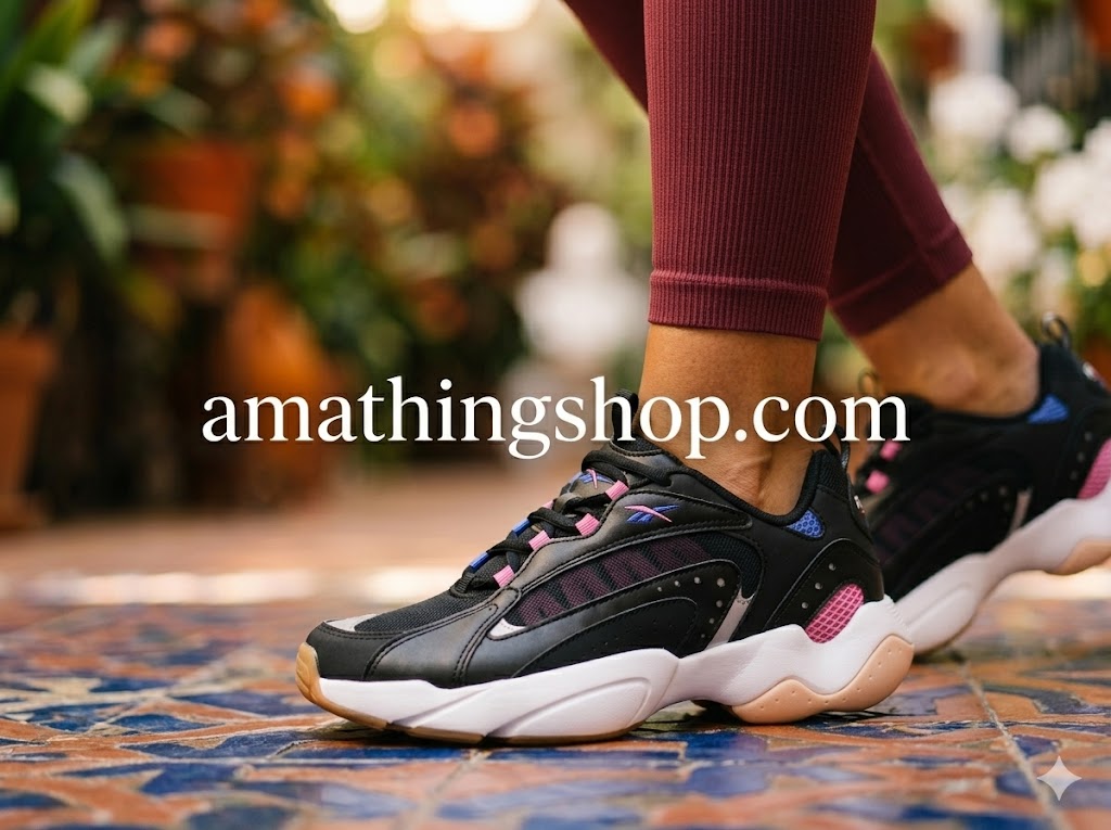 Primer plano de las zapatillas Reebok Royal Pervader negras con detalles rosa y suela blanca, puestas con leggings granates en un entorno urbano, de amathingshop.com.