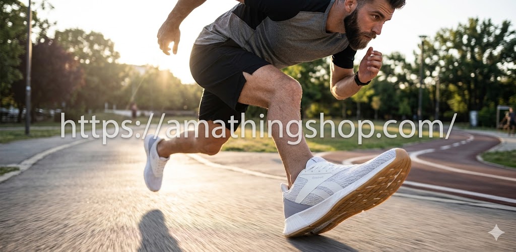 Hombre corriendo en un parque al atardecer usando las zapatillas Reebok Lite Plus 2.0 blancas con suela de goma. Imagen de estilo de vida que destaca la ligereza y amortiguación EVA de este modelo de running talla 44. Disponible en amathingshop.com.