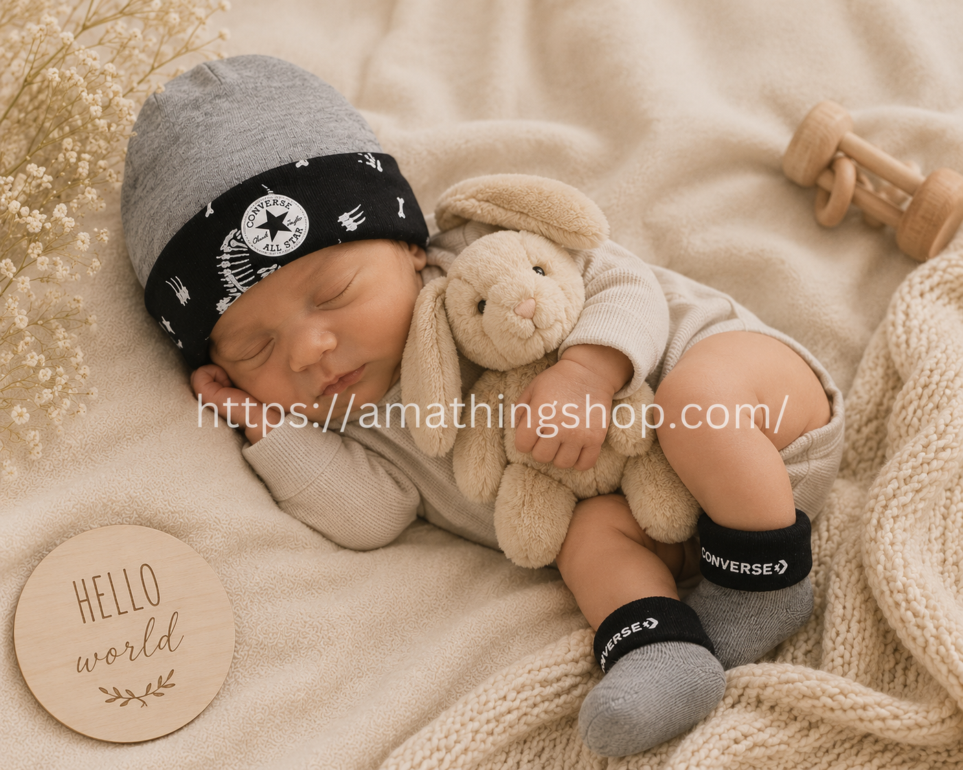 Bebé dormido usando gorro y calcetines Converse gris negro estilo urbano premium