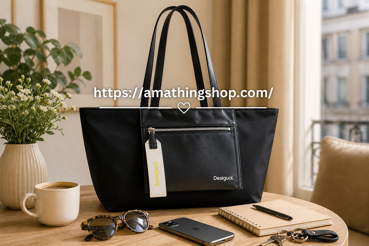 bolso negro grande mujer desigual priori shopper maxi sobre mesa con movil gafas uso diario trabajo amplio comodo