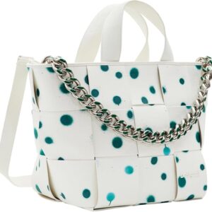 alt="Bolso Desigual mujer blanco con lunares verdes tipo shopper con bandolera, diseño moderno para uso diario"