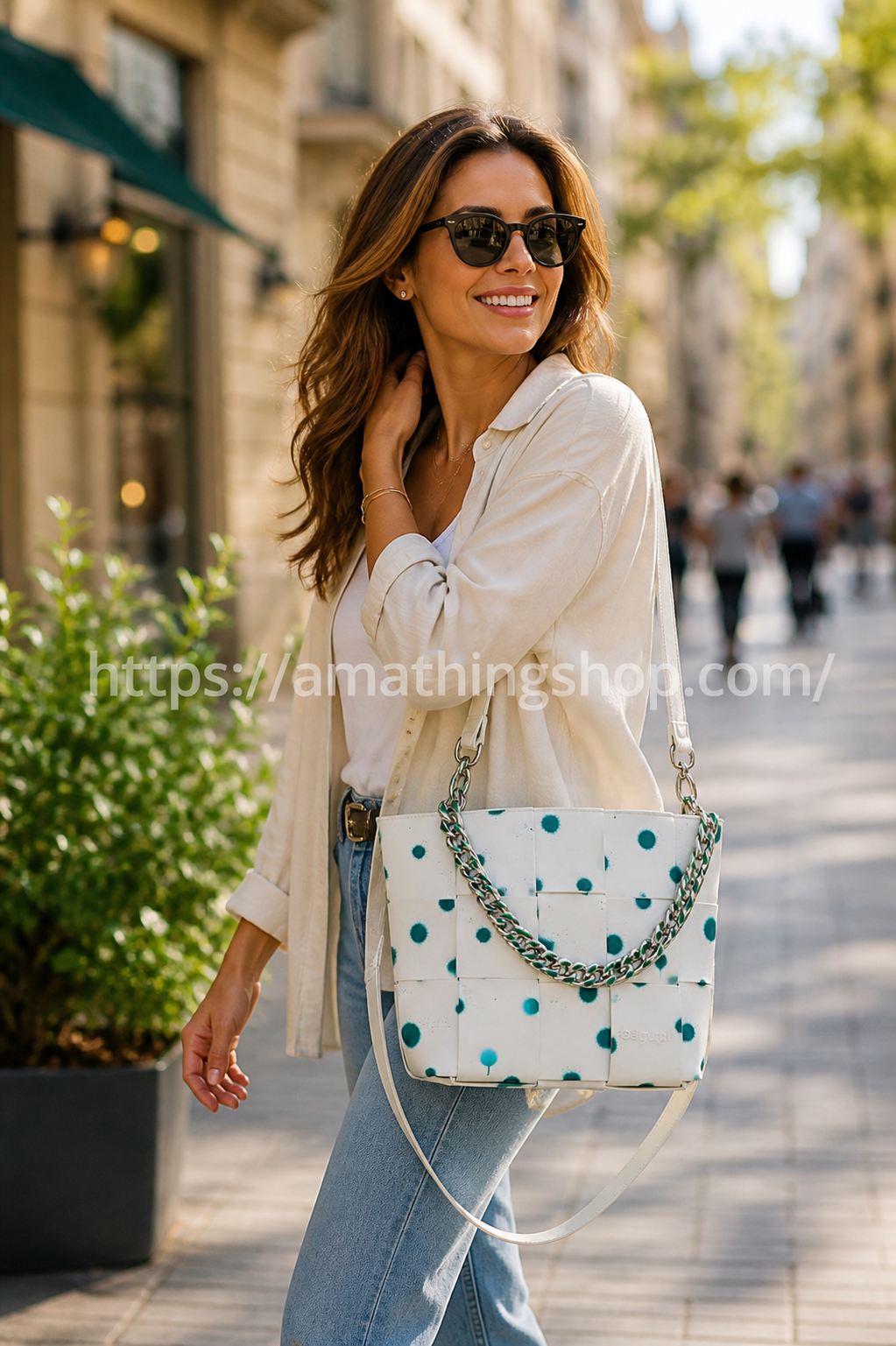 bolso desigual mujer blanco con lunares verdes bandolera shopper uso diario ciudad comodo elegante