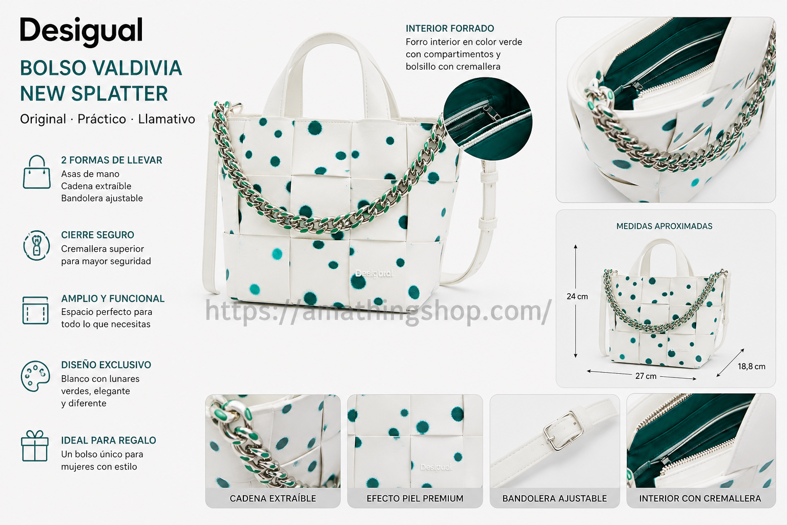 bolso desigual mujer blanco lunares verdes valdivia interior cremallera medidas shopper bandolera detalles
