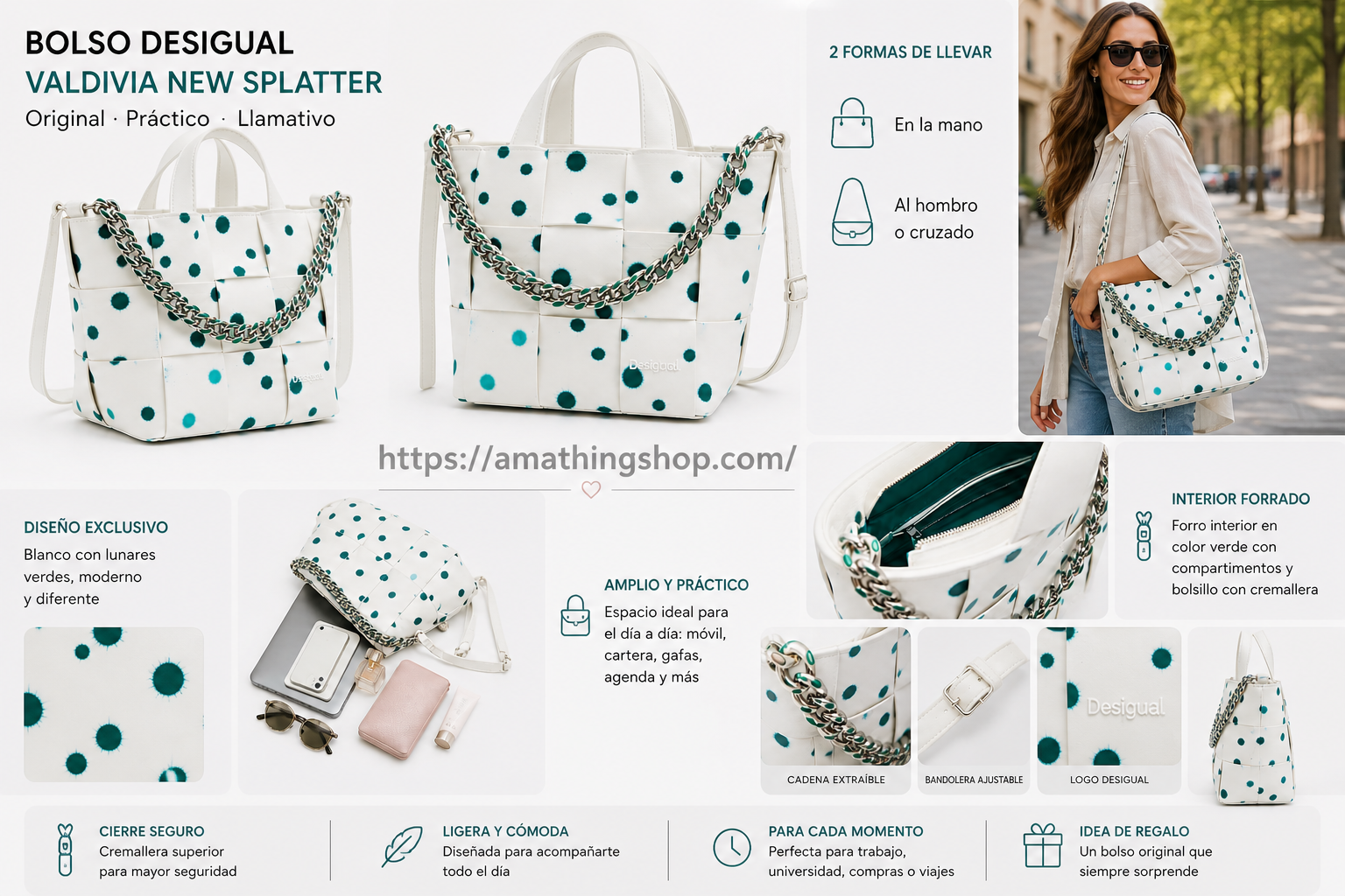bolso desigual mujer blanco lunares verdes valdivia shopper bandolera interior medidas detalles uso diario