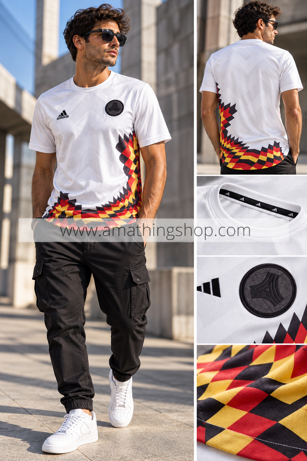 Hombre con camiseta Adidas TAN ADV JSY blanca en outfit streetwear