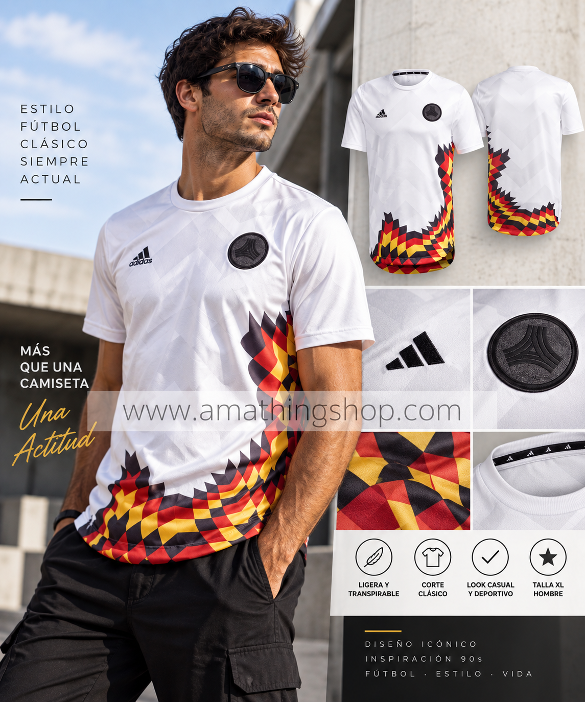 Camiseta Adidas TAN ADV JSY blanca para hombre talla XL con diseño geométrico de inspiración fútbol retro