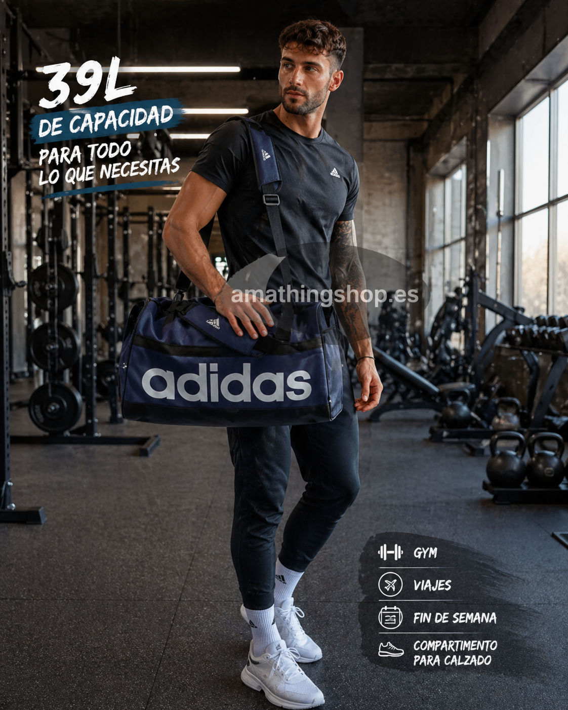 hombre con bolsa adidas azul 39 litros en gimnasio uso real deporte y viaje