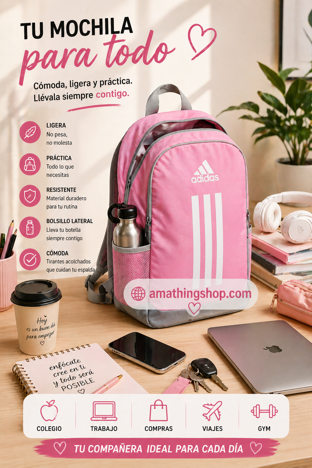 mochila-adidas-mujer-mesa-organizada-comoda-ligera-uso-diario-26l Mochila rosa Adidas sobre mesa con portátil, móvil y objetos personales organizada para uso diario y trabajo