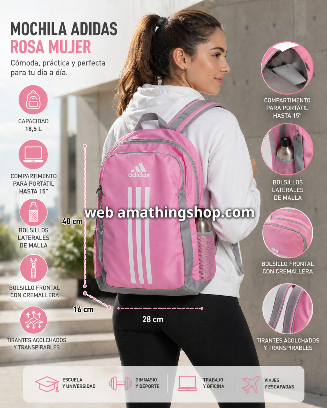 mochila adidas rosa mujer 18 litros portatil