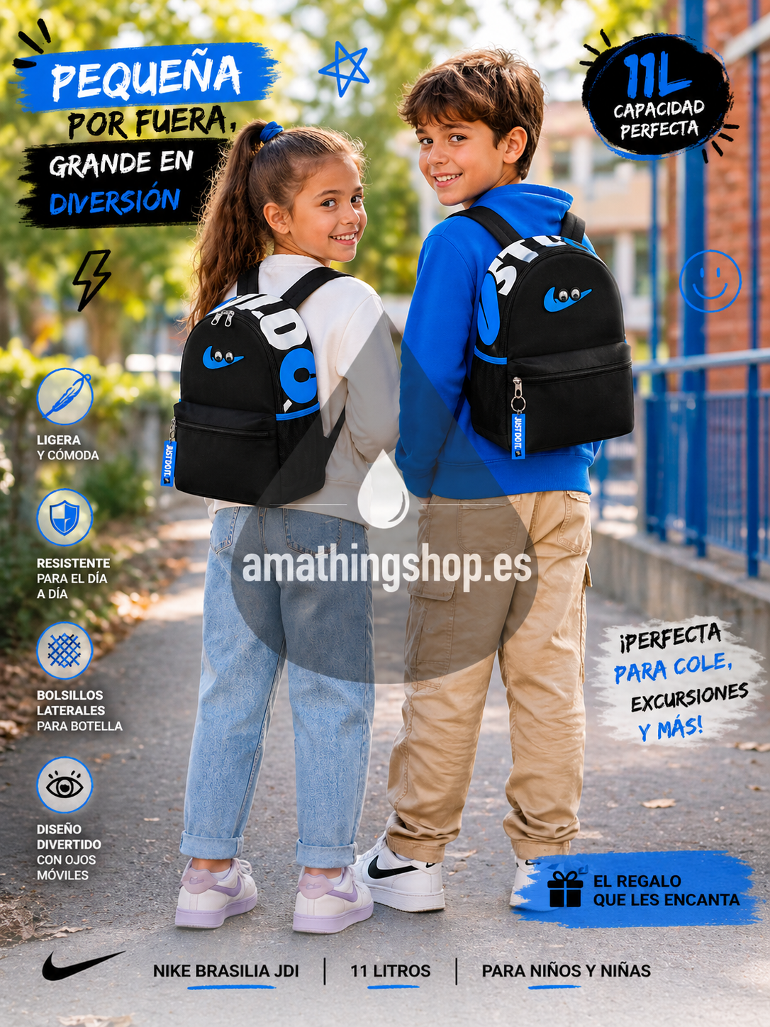 niño y niña con mochila nike infantil pequeña negra azul brasilia jdi colegio