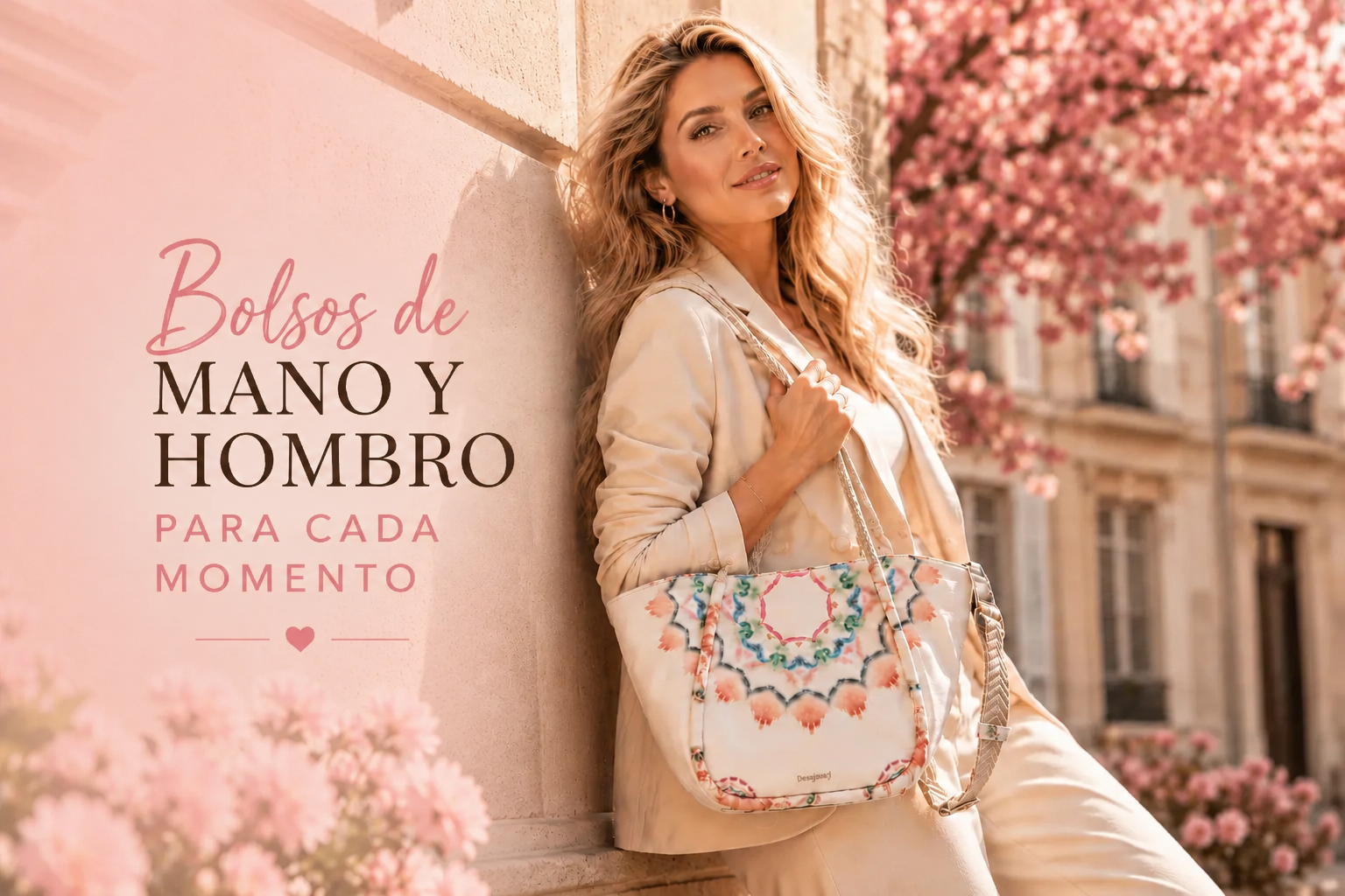 Mujer elegante con bolso estampado en ambiente primaveral con estilo lifestyle femenino