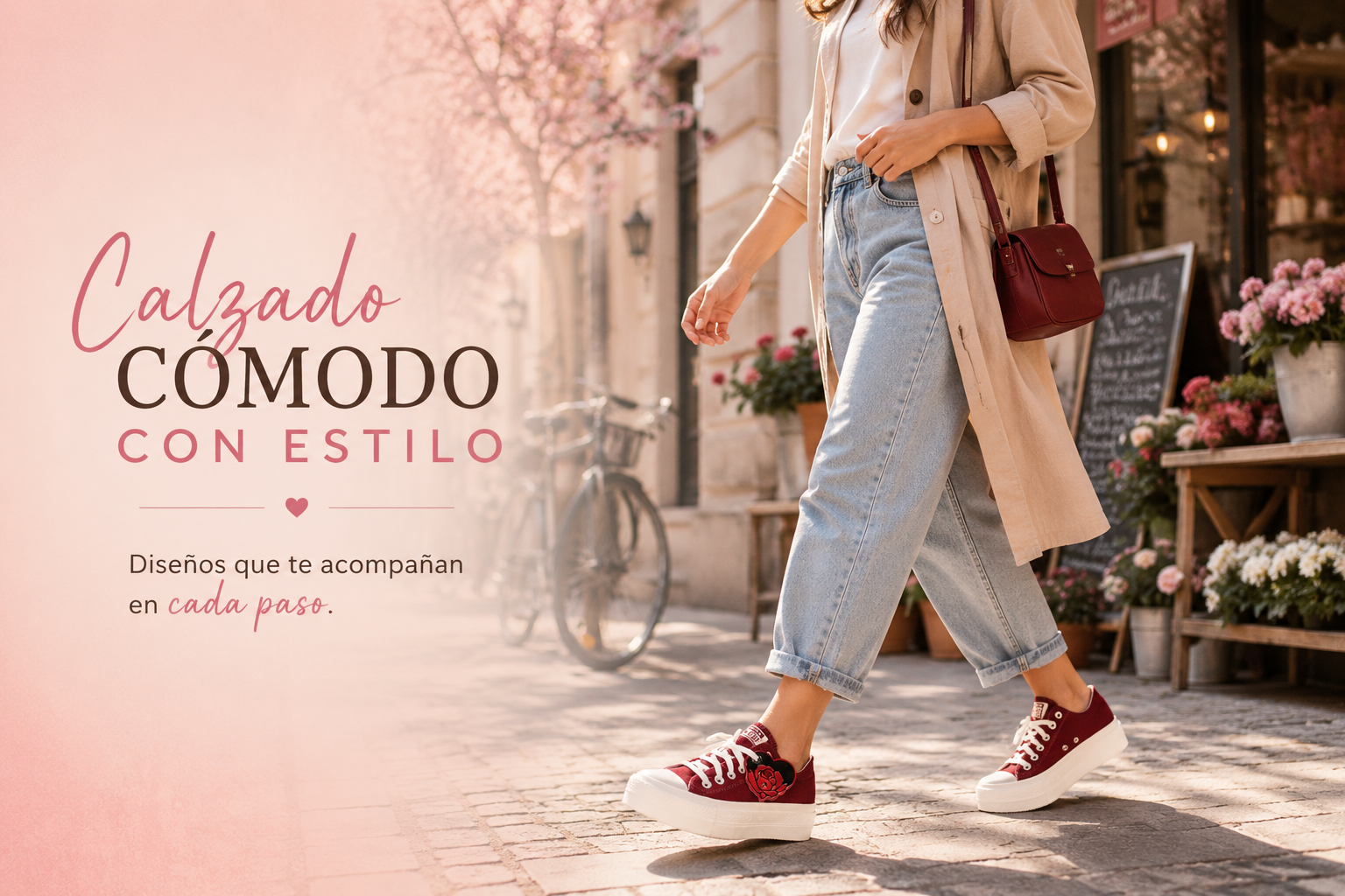 Mujer caminando por calle europea con zapatillas Converse rojas estilo urbano casual