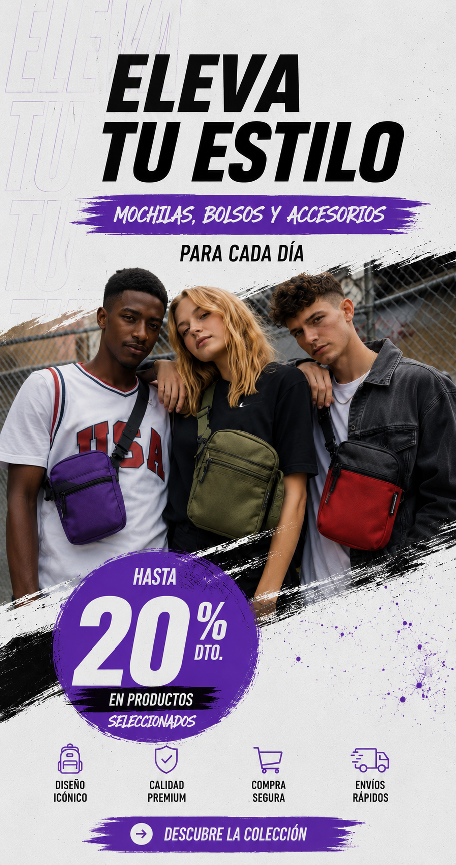 Colección de mochilas, bolsos y accesorios urbanos para mujer y hombre con estilo moderno en tonos lila y negro. Imagen promocional con oferta limitada ideal para moda casual y uso diario.