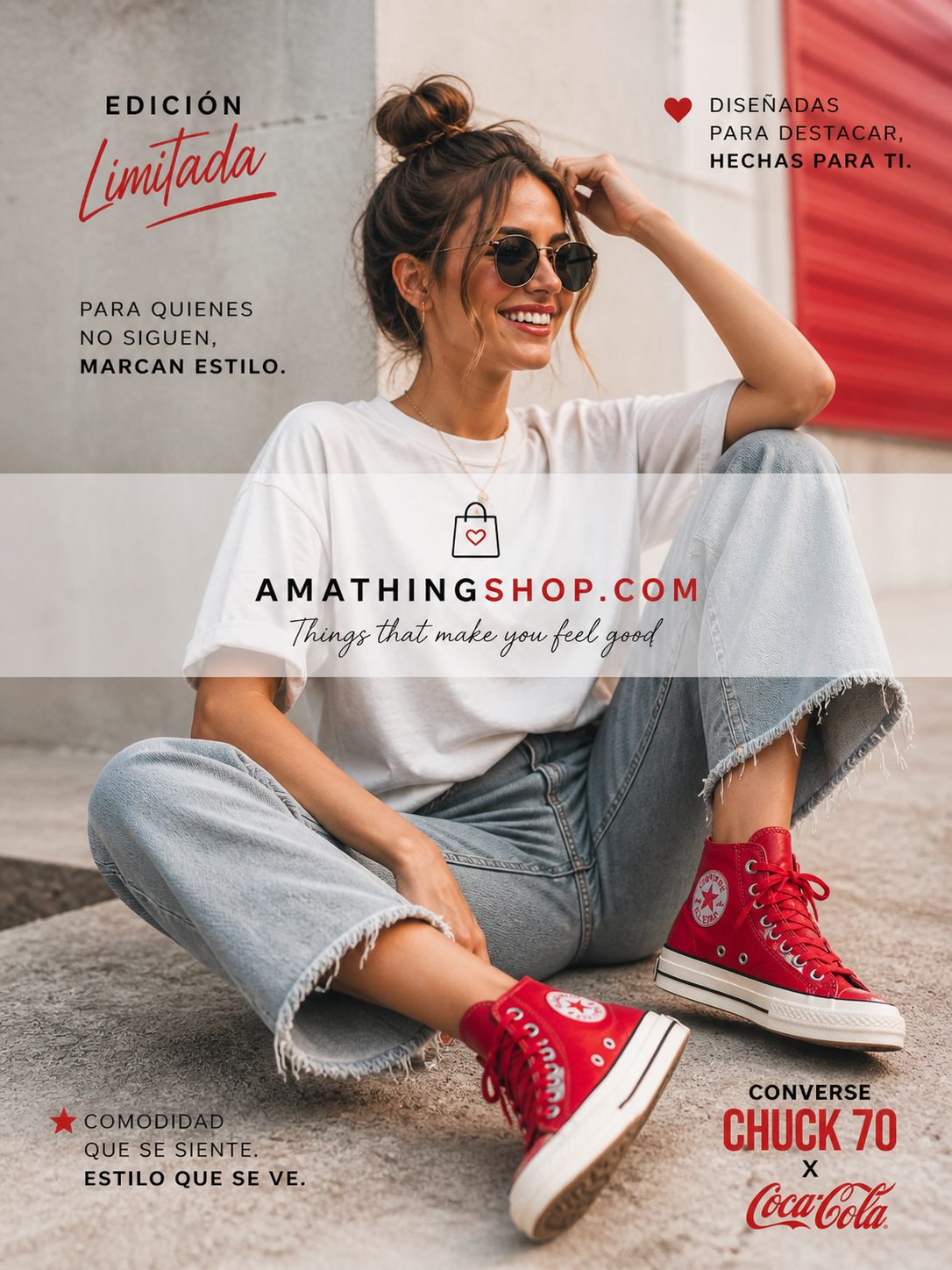 Mujer con Converse Chuck 70 rojas Coca Cola en look casual urbano, zapatillas altas llamativas cómodas para uso diario