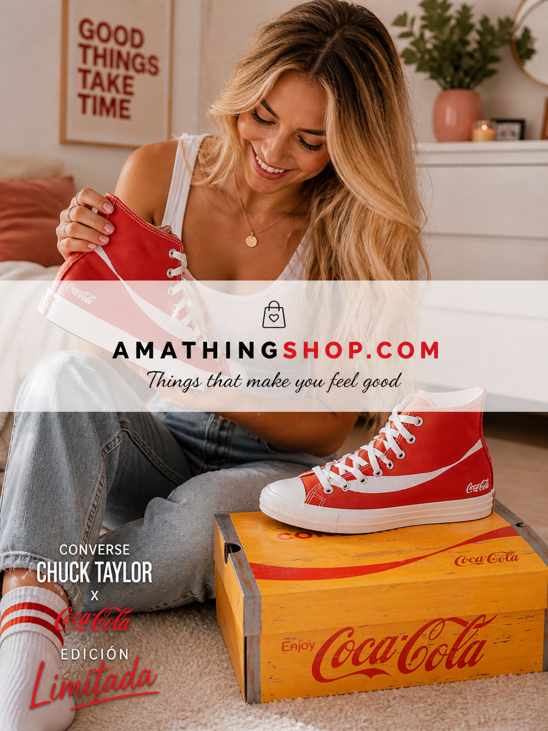 Mujer mirando zapatillas Converse Chuck Taylor Coca Cola rojas de lona en ambiente casual, modelo cómodo para uso diario
