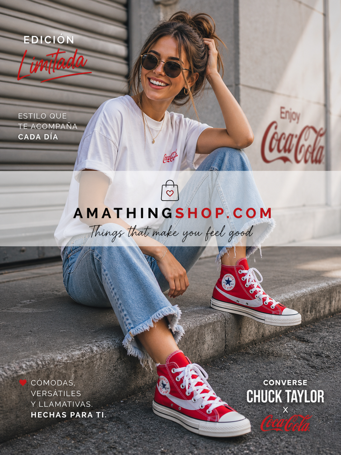 Mujer con Converse Chuck Taylor rojas Coca Cola en look casual urbano, zapatillas altas cómodas para uso diario