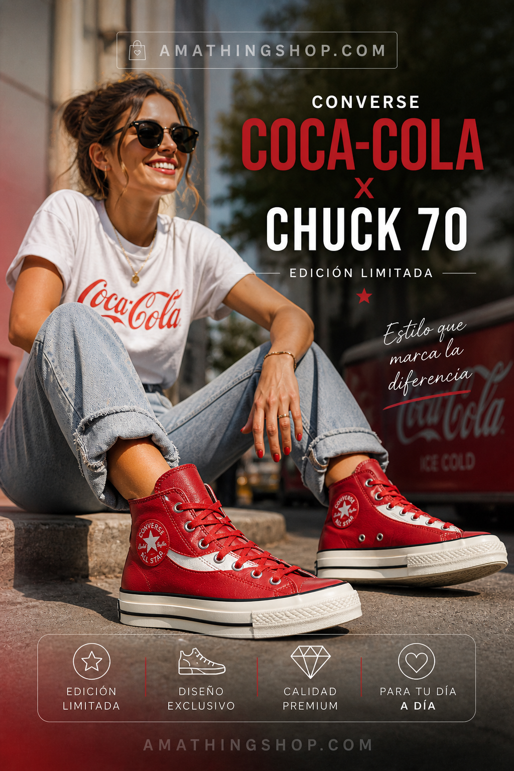 Mujer con Converse rojas Coca Cola Chuck 70 en look casual urbano, zapatillas altas llamativas con estilo diario y cómodo