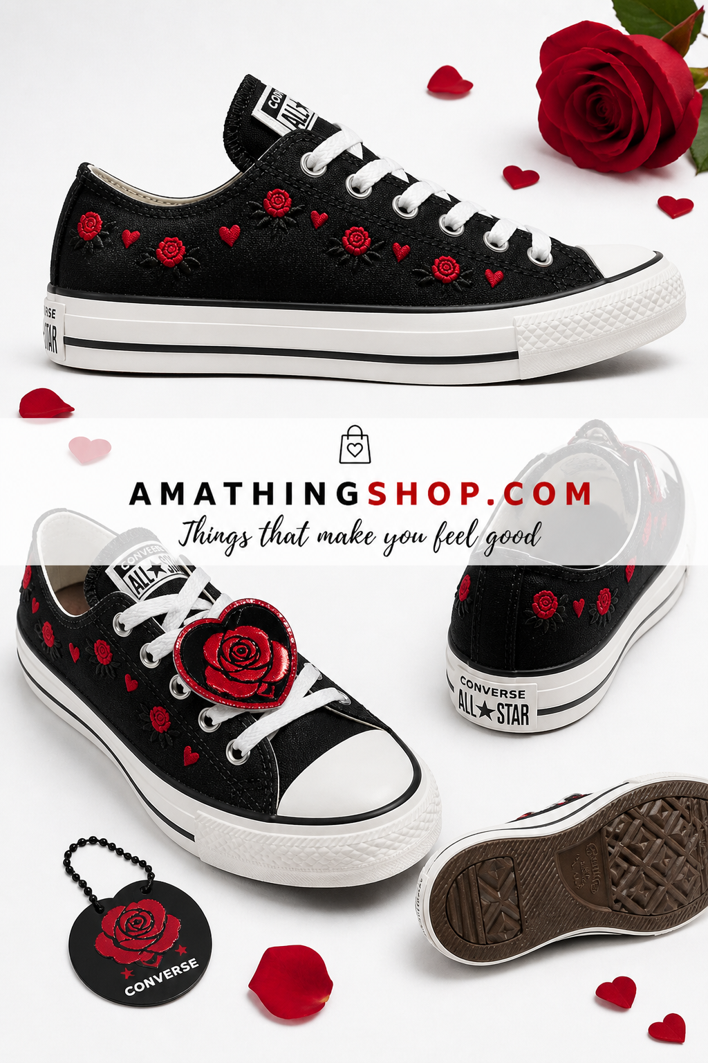 Zapatillas Converse negras con corazones rojos para mujer en fondo blanco, estilo casual cómodo para uso diario y regalo