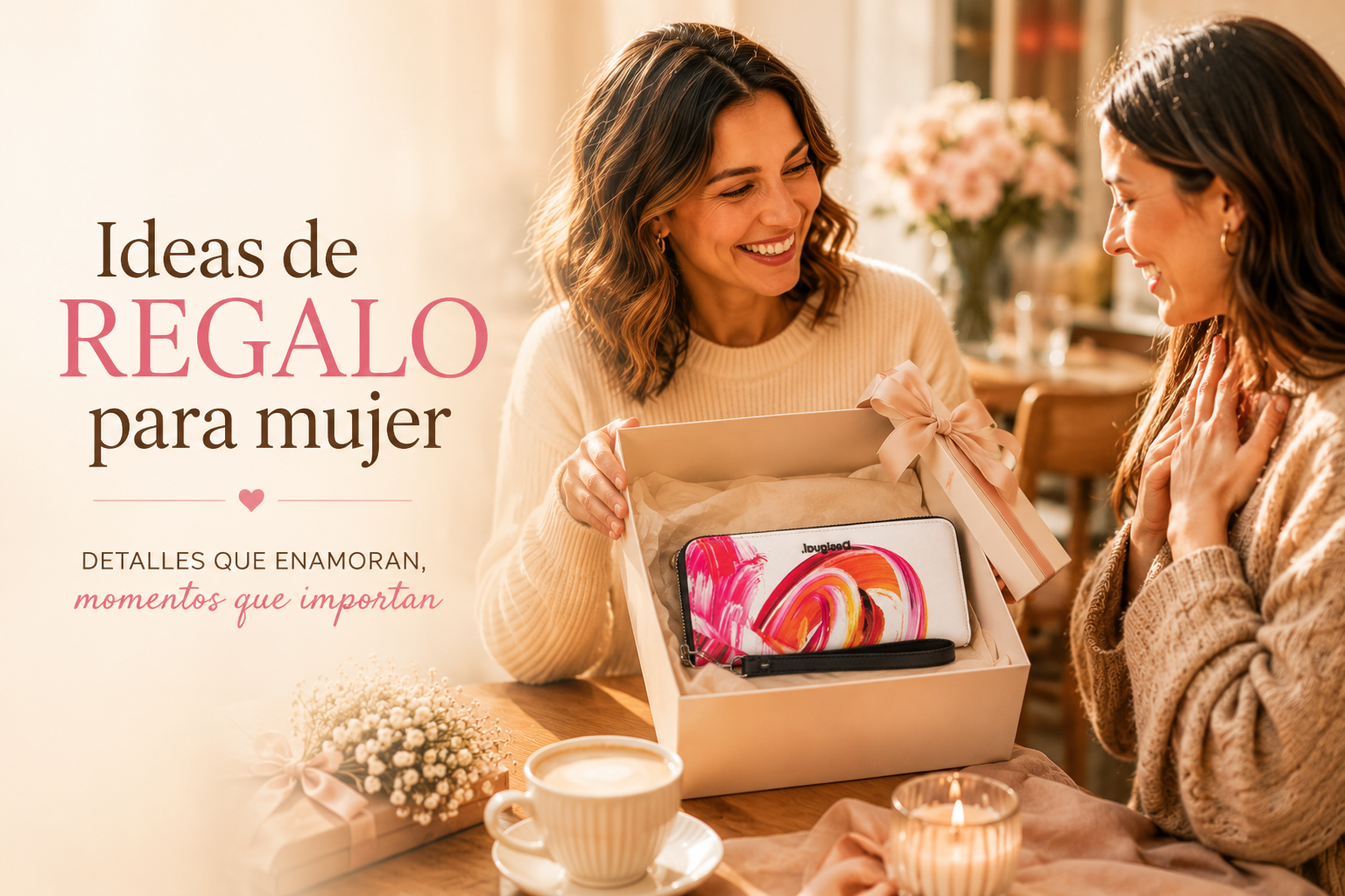 Dos mujeres compartiendo regalo con monedero Desigual en ambiente cálido y elegante versión móvil
