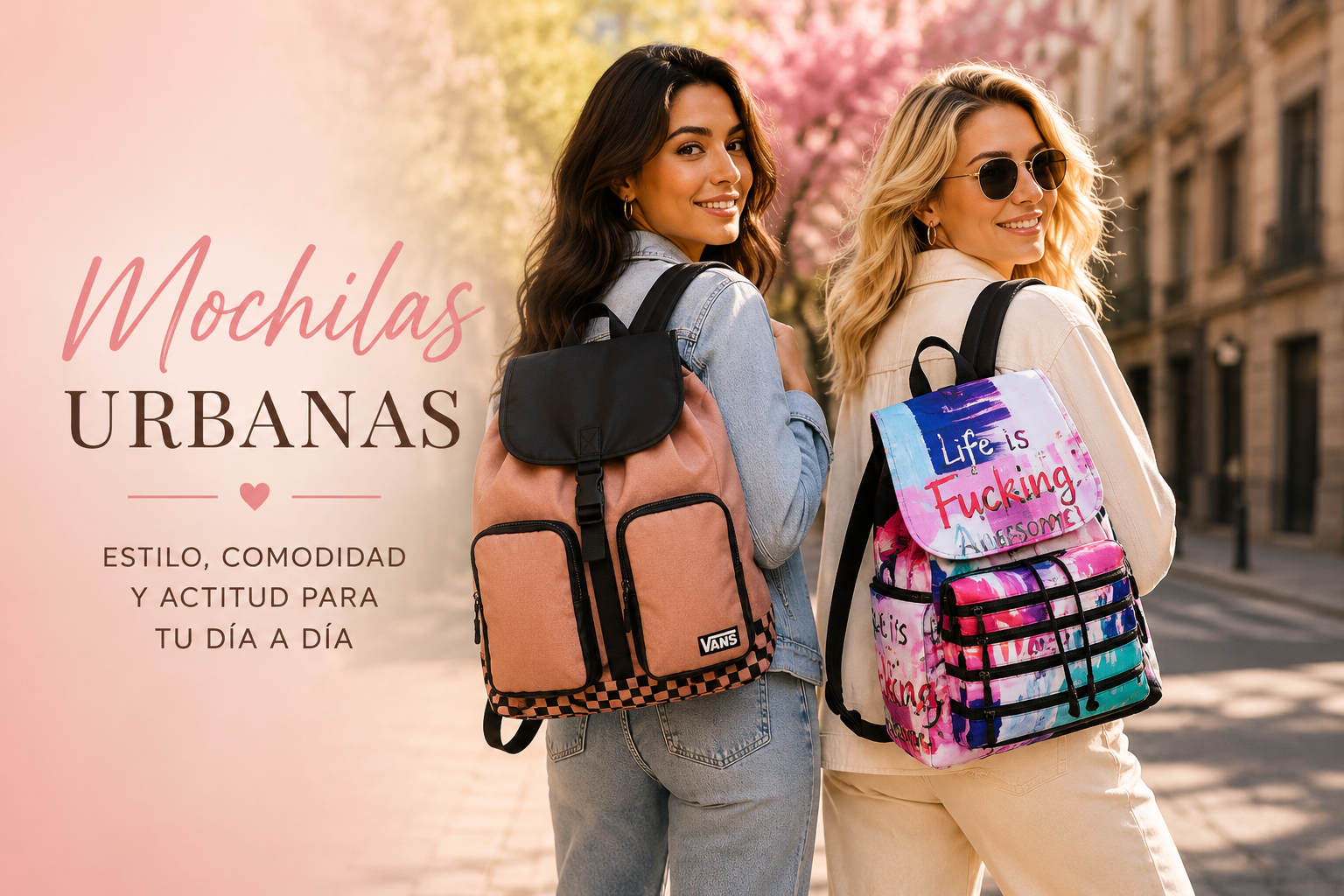 Dos mujeres con mochilas urbanas modernas estilo casual en imagen vertical para categoría mochilas mujer