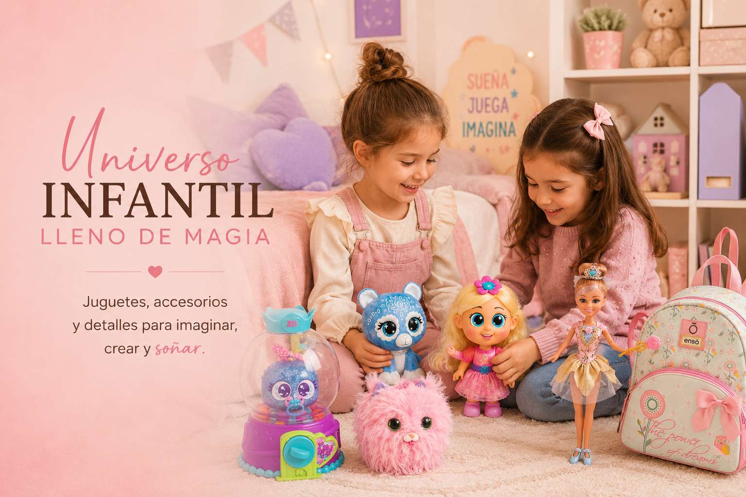Dos niñas jugando en habitación infantil con muñecas, peluches y mochila pastel