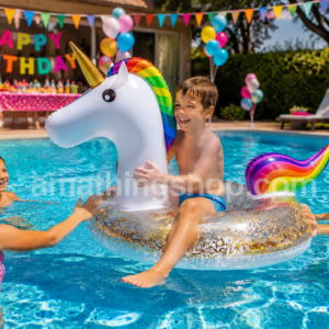 Niños disfrutando de una fiesta de cumpleaños en una piscina con un flotador unicornio blanco con purpurina dorada, melena arcoíris y cuerno dorado durante el verano.