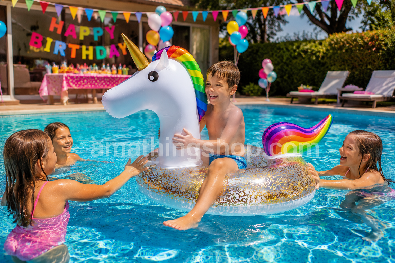 Niños disfrutando de una fiesta de cumpleaños en una piscina con un flotador unicornio blanco con purpurina dorada, melena arcoíris y cuerno dorado durante el verano.