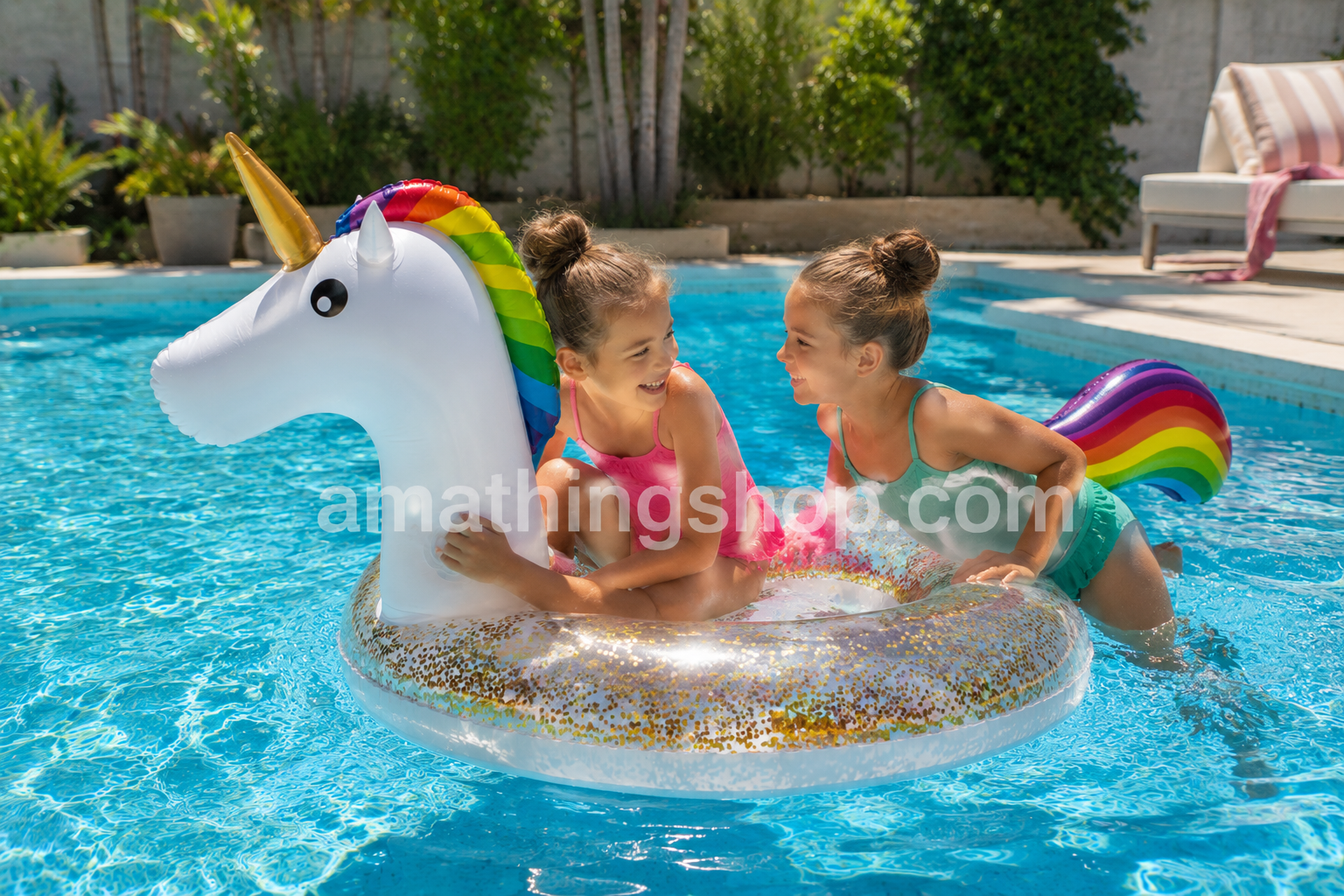 Dos niñas jugando en una piscina con un flotador unicornio blanco con purpurina dorada, cuerno dorado y melena arcoíris durante un día soleado de verano.