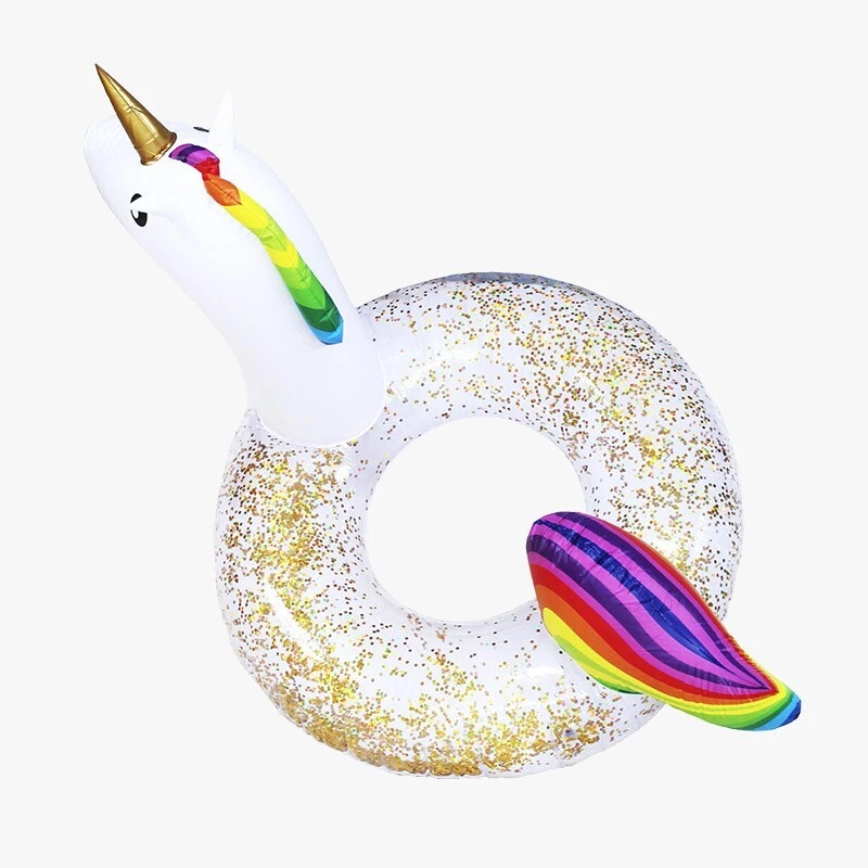 Vista superior del flotador unicornio infantil para piscina con diseño brillante y detalles arcoíris.