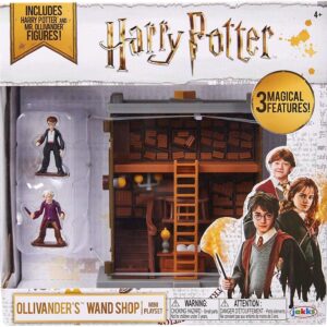 Harry Potter Ollivanders Wand Shop Mini Playset Jakks Pacific 49997 con figuras de Harry Potter y Mr. Ollivander, regalo para fan y coleccionista.