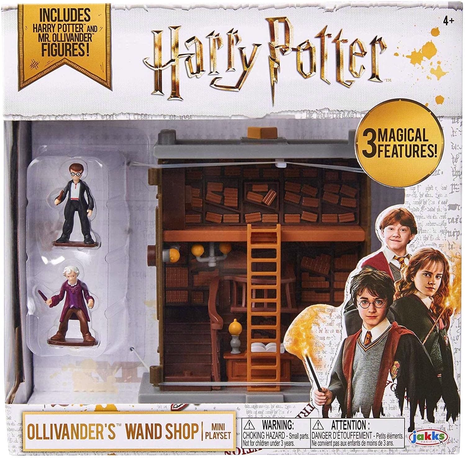 Harry Potter Ollivanders Wand Shop Mini Playset Jakks Pacific 49997 con figuras de Harry Potter y Mr. Ollivander, regalo para fan y coleccionista.
