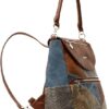 Mochila bolso Desigual Atica Positano vista lateral, con asa superior marrón, correa trasera, forma de trapecio, panel denim azul y diseño patchwork multicolor.