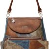 Mochila bolso Desigual Atica Positano para mujer vista frontal, con diseño patchwork en tonos marrón, denim azul, beige y gris, solapa ovalada tostada, logo metálico y cremalleras exteriores.