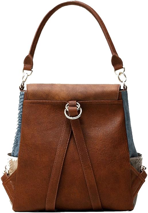 Parte trasera de la mochila Desigual Atica Positano en tono marrón, con correas para llevar como mochila, asa superior y laterales denim azul.