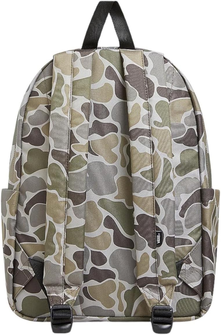 Parte trasera de mochila Vans Old Skool Grom camuflaje verde 18L con tirantes ajustables y asa superior, modelo junior unisex cómodo para colegio, instituto, excursiones y uso diario.