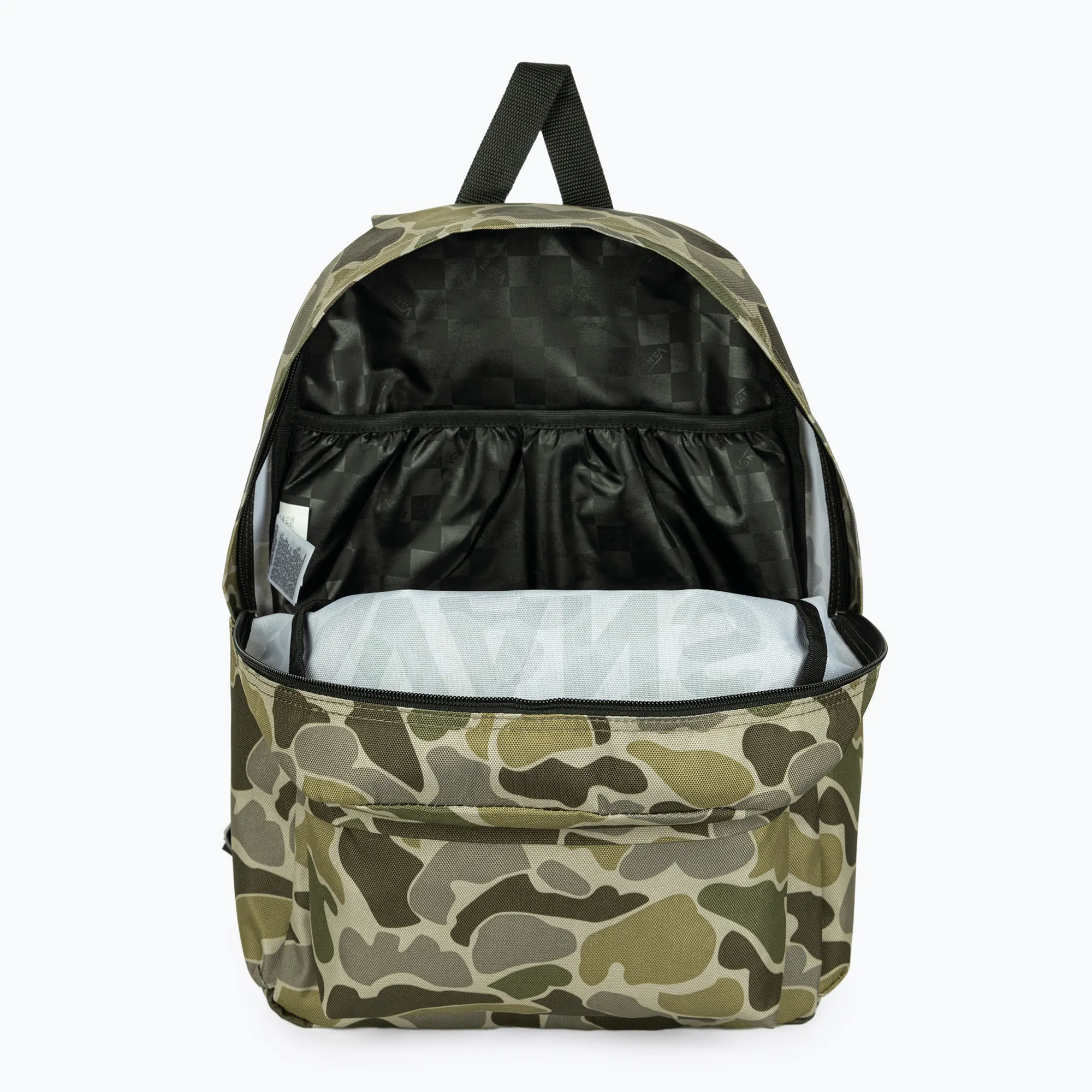 Interior abierto de mochila Vans Old Skool Grom camuflaje verde 18L con compartimento principal y bolsillo interior abierto para portátil pequeño, tablet, cuadernos o documentos.
