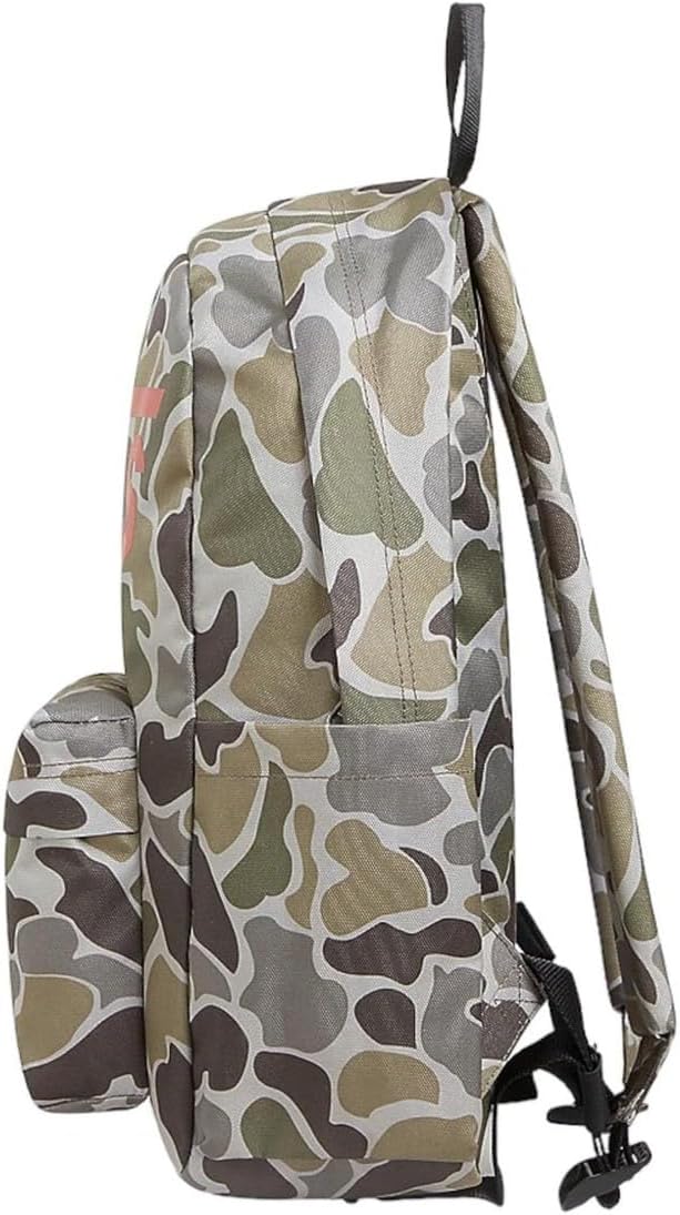 Vista lateral de mochila Vans Old Skool Grom camuflaje verde 18L con fondo aproximado de 11,4 cm, bolsillo lateral y tirantes ajustables, ideal para uso escolar, instituto, viajes cortos y diario.