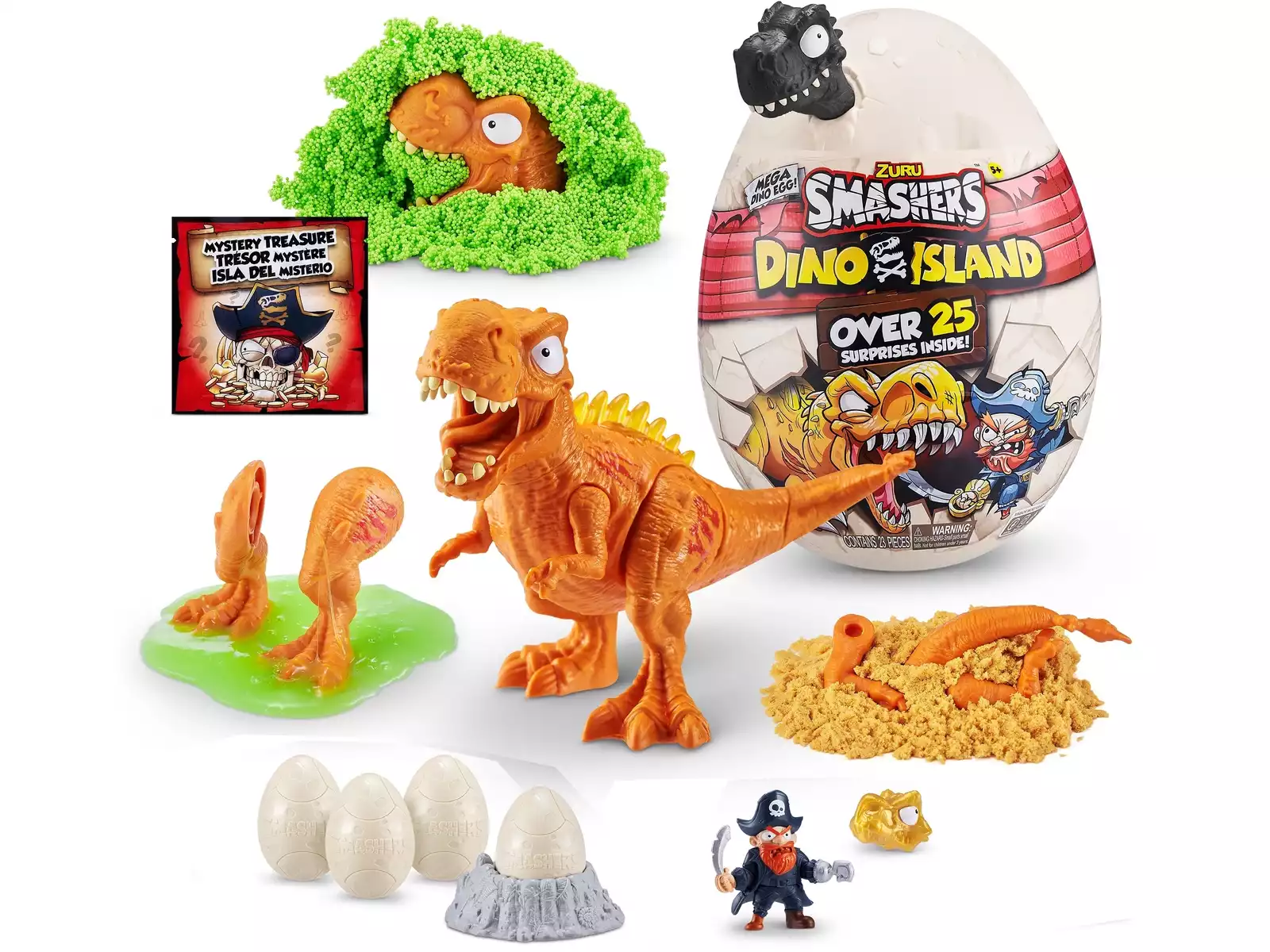 Smashers Dino Island Huevo Gigante Epic con dinosaurio naranja, huevo gigante, slime verde, arena, mini huevos Smashers, figura pirata, calavera dorada y mapa del tesoro. Juguete sorpresa de dinosaurios para construir, excavar y descubrir más de 25 sorpresas.