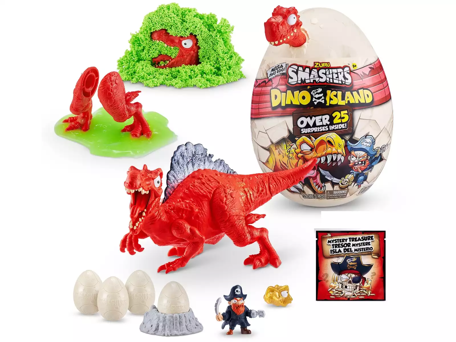 Contenido del Smashers Dino Island Huevo Gigante Epic con dinosaurio rojo para construir, slime verde, arena, mini huevos, figura pirata, calavera dorada, mapa del tesoro y accesorios. Set de dinosaurios con más de 25 sorpresas para excavar, romper, descubrir y jugar sin pantallas.
