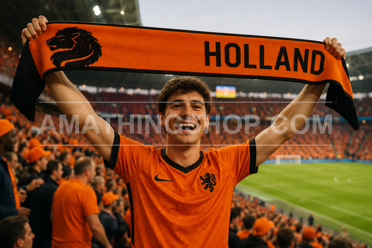 Aficionado Levantando la Bufanda Oficial Adidas Países Bajos Holanda FJ0994 en el Estadio Aficionado levantando la bufanda oficial Adidas Países Bajos Holanda FJ0994 naranja y negra con diseño HOLLAND durante un partido de fútbol en un estadio