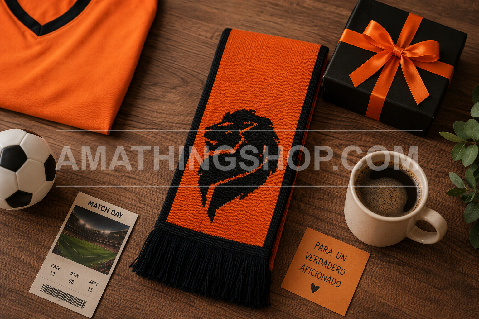 Bufanda Oficial Adidas Países Bajos Holanda FJ0994 como Regalo para Aficionados al Fútbol Bufanda oficial Adidas Países Bajos Holanda FJ0994 naranja y negra sobre una mesa junto a una camiseta, regalo y accesorios de aficionado al fútbol