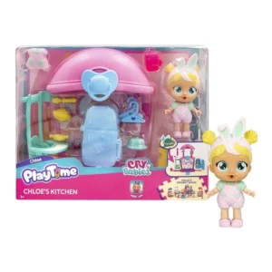 Cry Babies Playtime Cocina de Chloe con muñeca exclusiva, cocina desplegable y más de 14 accesorios