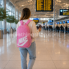 Mujer de 30 años viajando con mochila Nike Elemental rosa DR6084-646 en un aeropuerto moderno