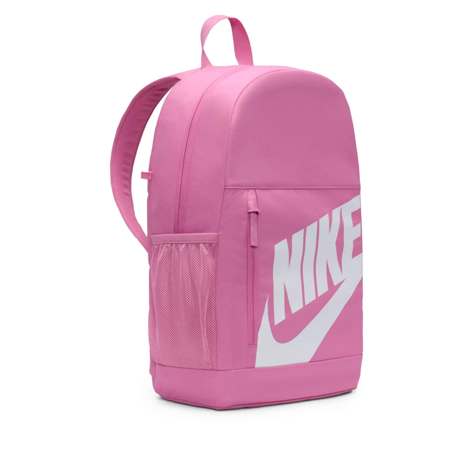 Vista frontal mochila Nike rosa con gran logotipo blanco y estuche incluido