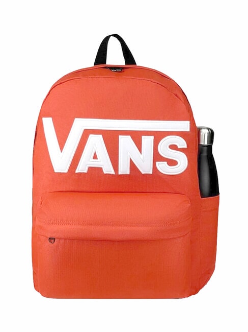 Mochila Vans naranja con bolsillo lateral para botella Mochila Vans Old Skool Drop V naranja con botella en el bolsillo lateral, logo Vans frontal y diseño unisex para clase, viaje y uso diario.