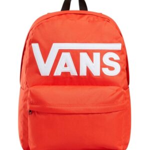 Mochila Vans Old Skool Drop V naranja Fiesta de 22 L, vista frontal con gran logo Vans blanco, bolsillo delantero y asa superior.